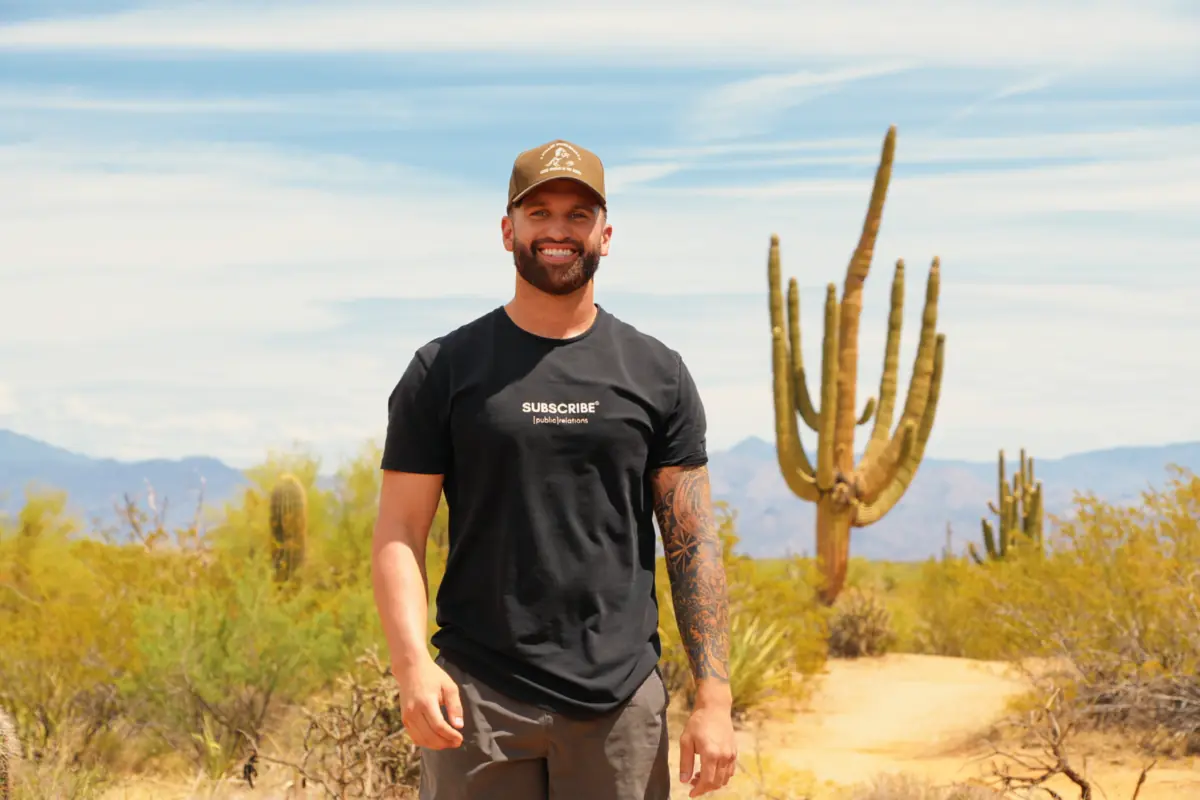 Caleb Hellinger, founder of Subscribe PR, in the Sonoran Desert outside Phoenix, Arizona